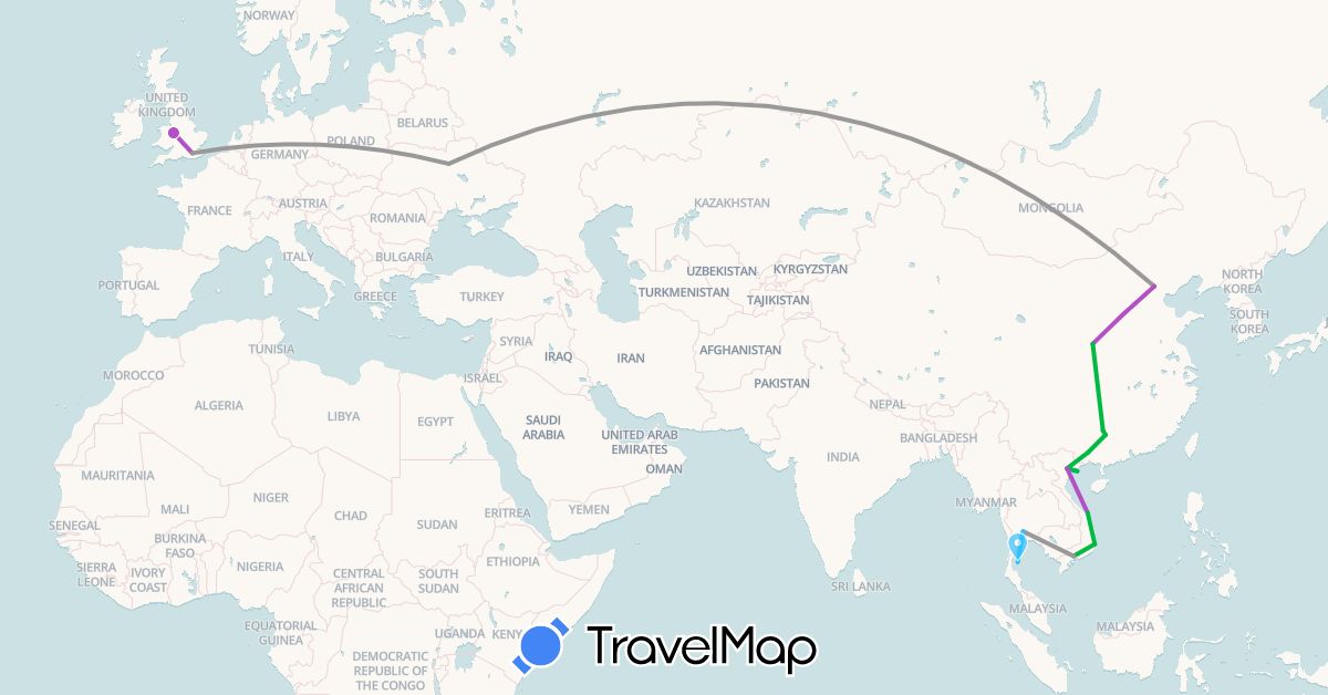 TravelMap itinerary: driving, bus, plane, train, boat in China, United Kingdom, Thailand, Ukraine, Vietnam (Asia, Europe)